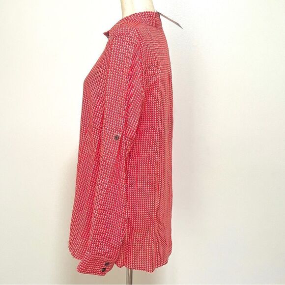 NWT Tina Stephens Joni Blouse Top Triangle Coral M Button Down Roll Tab Sleeve - Picture 7 of 14